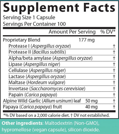 AIM PrepZymes supplement facts label with Protease I, Protease II, Alpha/beta amylase, Lipase, Cellulase, Lactase, Maltase, Invertase, Papain, Alpine Wild Garlic, and Papaya fruit.