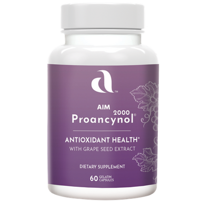 AIM Proancynol 2000 dietary supplement for antioxidant health with vitamin A, Selenium, green tea extract, Rosemary extract leaf, Grape seed extract, N-acetyl-L-cysteine, alpha lipoic acid, tomato extract fruit.