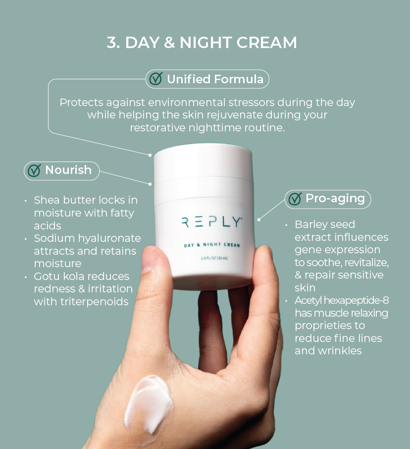 Day & Night Cream container held in a hand with product details on a light blue background