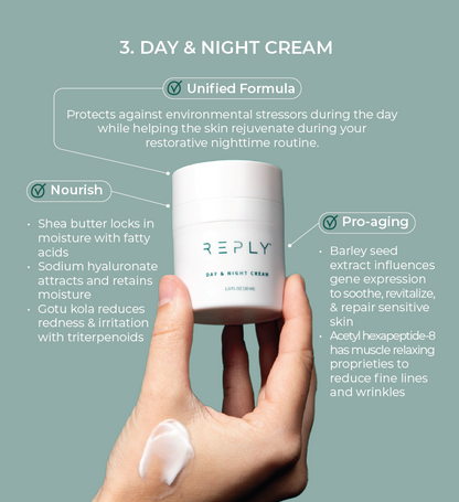 Day & Night Cream container held in a hand with product details on a light blue background