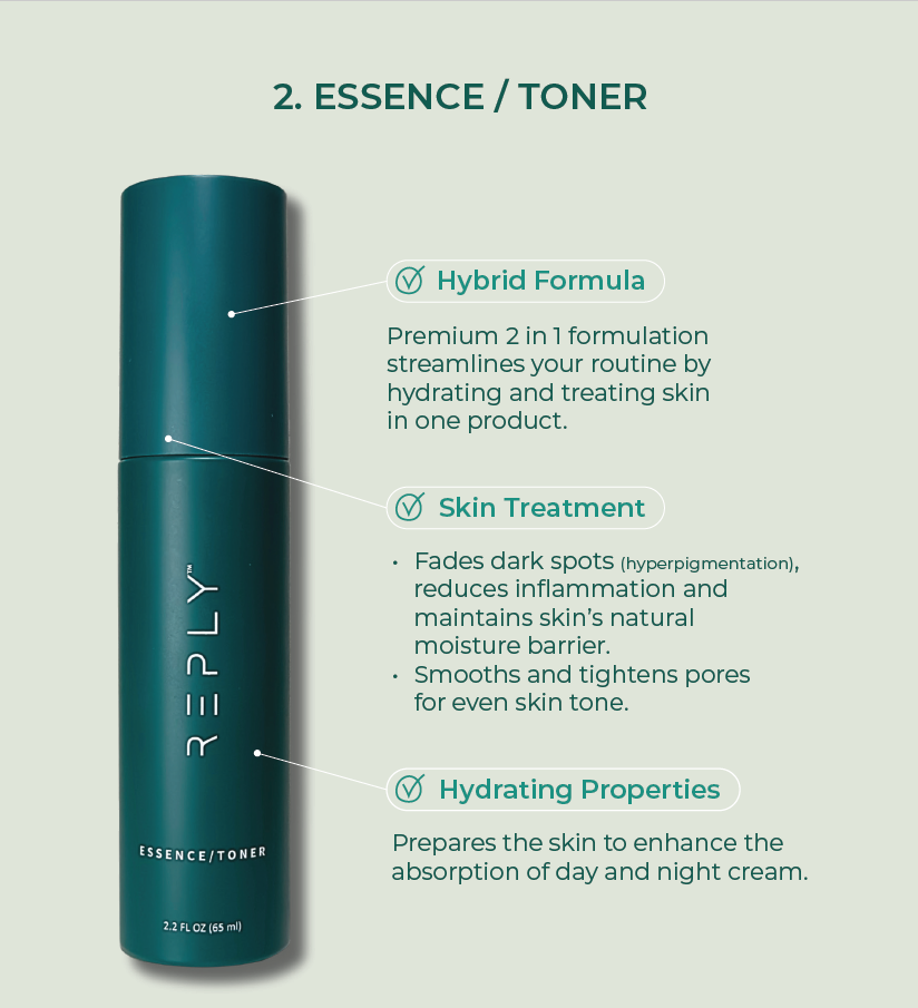 AIM REPLY - Essence/Toner bottle with product features on a light gray background