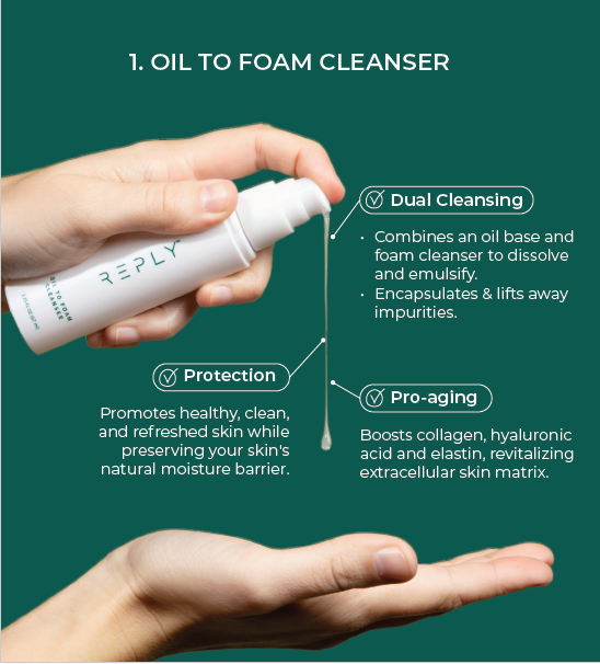 Hand holding a white bottle of AIM REPLY - Oil to Foam Cleanser with text about oil to foam cleanser on a green background