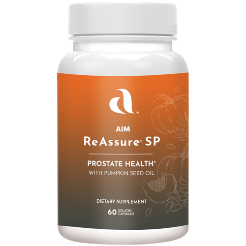 AIM ReAssure SP dietary supplement bottle for prostate health including Saw palmetto berry oil extract, Pumpkin seed oil, Zink and Tomato extract.