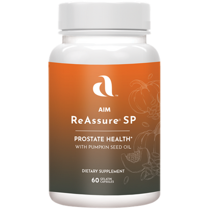 AIM ReAssure SP dietary supplement bottle for prostate health including Saw palmetto berry oil extract, Pumpkin seed oil, Zink and Tomato extract.