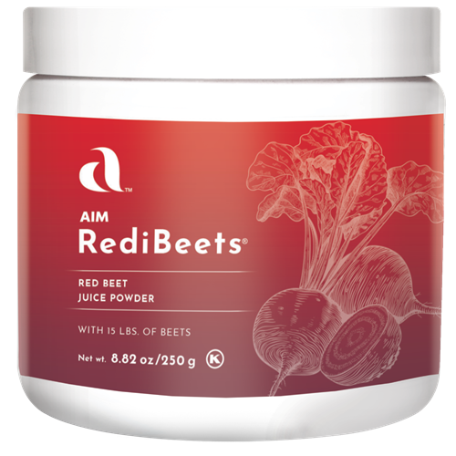 Jar of AIM RediBeets red beet juice powder containing dietary nitrate.
