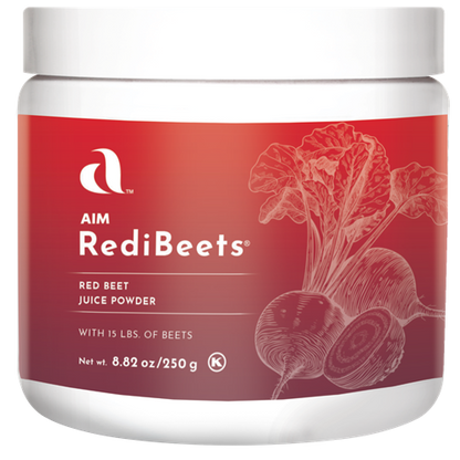 Jar of AIM RediBeets red beet juice powder containing dietary nitrate.