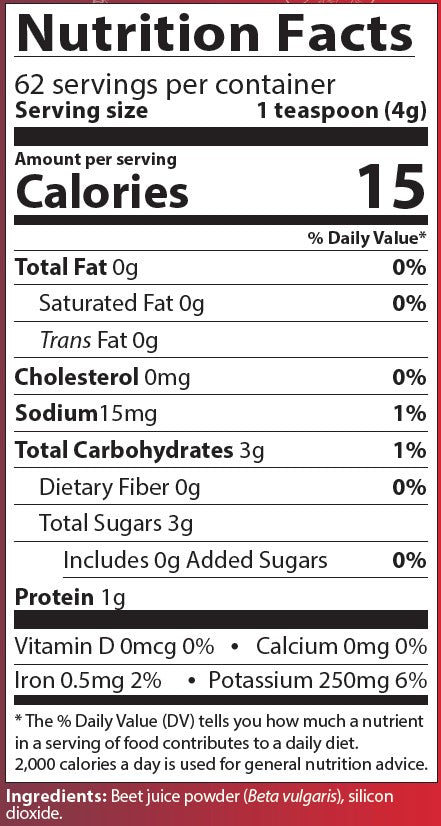 Nutrition facts label for 15 lbs of concentrated beet powder.