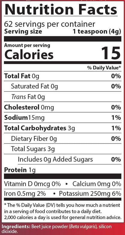 Nutrition facts label for 15 lbs of concentrated beet powder.