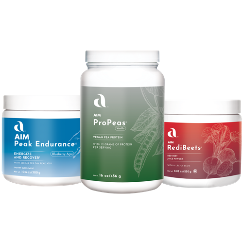 AIM Sports Pack contains  AIM Peak Endurance, ProPeas, and RediBeets for energy and protein. 