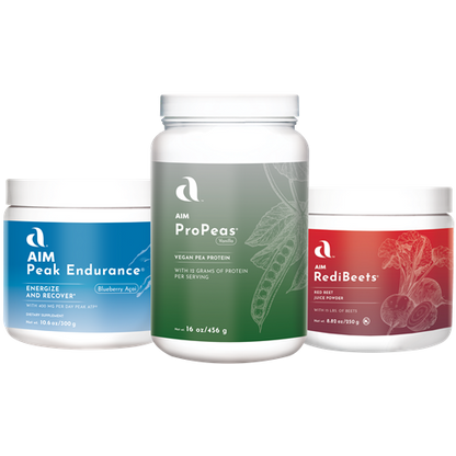 AIM Sports Pack contains  AIM Peak Endurance, ProPeas, and RediBeets for energy and protein. 