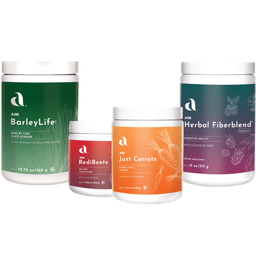 Five containers of AIM health products on a white background