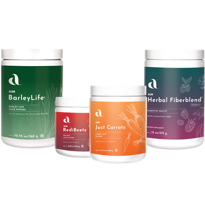 Five containers of AIM health products on a white background