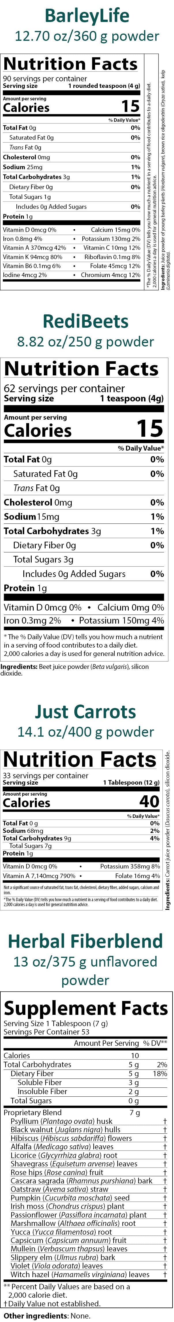 AIM product nutrition facts labels from BarleyLife, RedBeets, Just Carrots, and Herbal Blend on a white background.