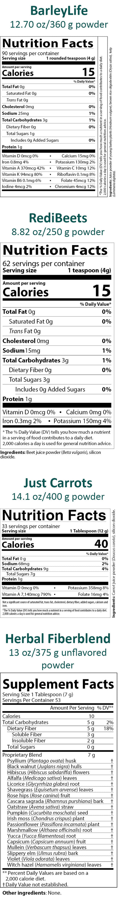 AIM product nutrition facts labels from BarleyLife, RedBeets, Just Carrots, and Herbal Blend on a white background.