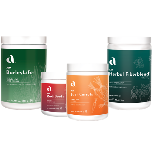 Four containers of AIM health products on a white background