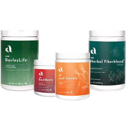 Four containers of AIM health products on a white background