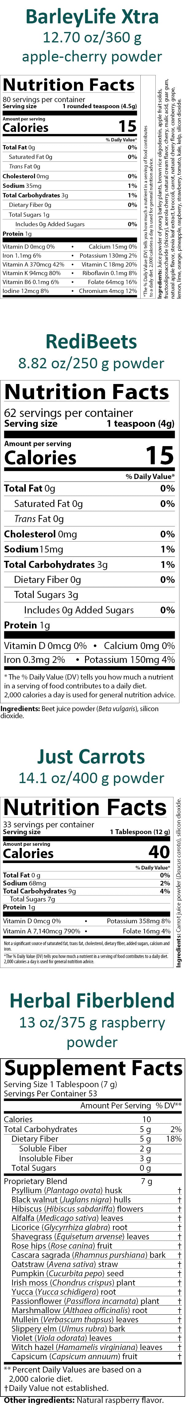 Nutrition facts label for AIM products with multiple ingredients listed.