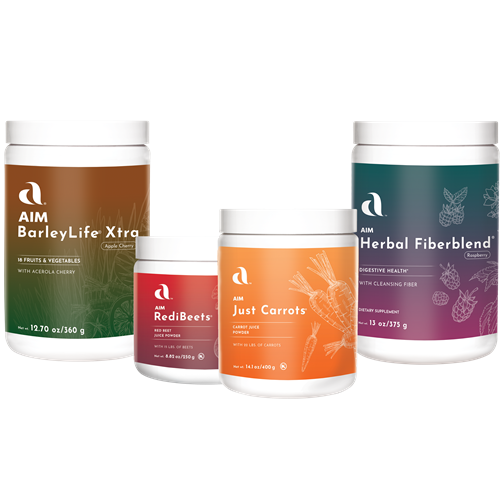 Four containers of AIM Health products on a white background