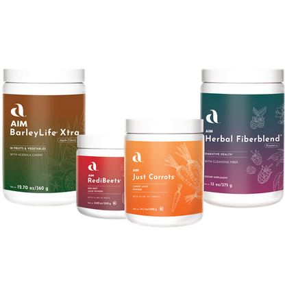 Four containers of AIM Health products on a white background