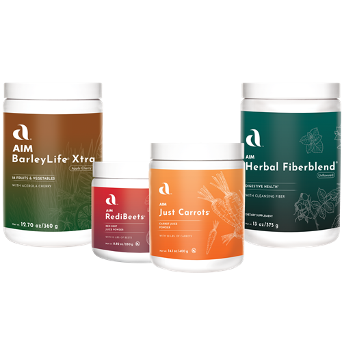 Four containers of AIM health products on a white background