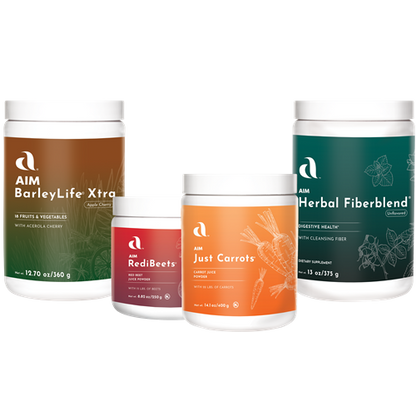 Four containers of AIM health products on a white background