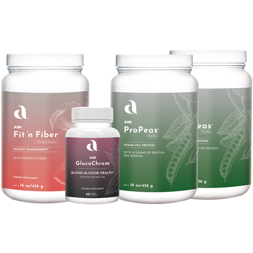 Assorted AIM health supplement bottles including fiber, protein, and Chromium for weight management support.