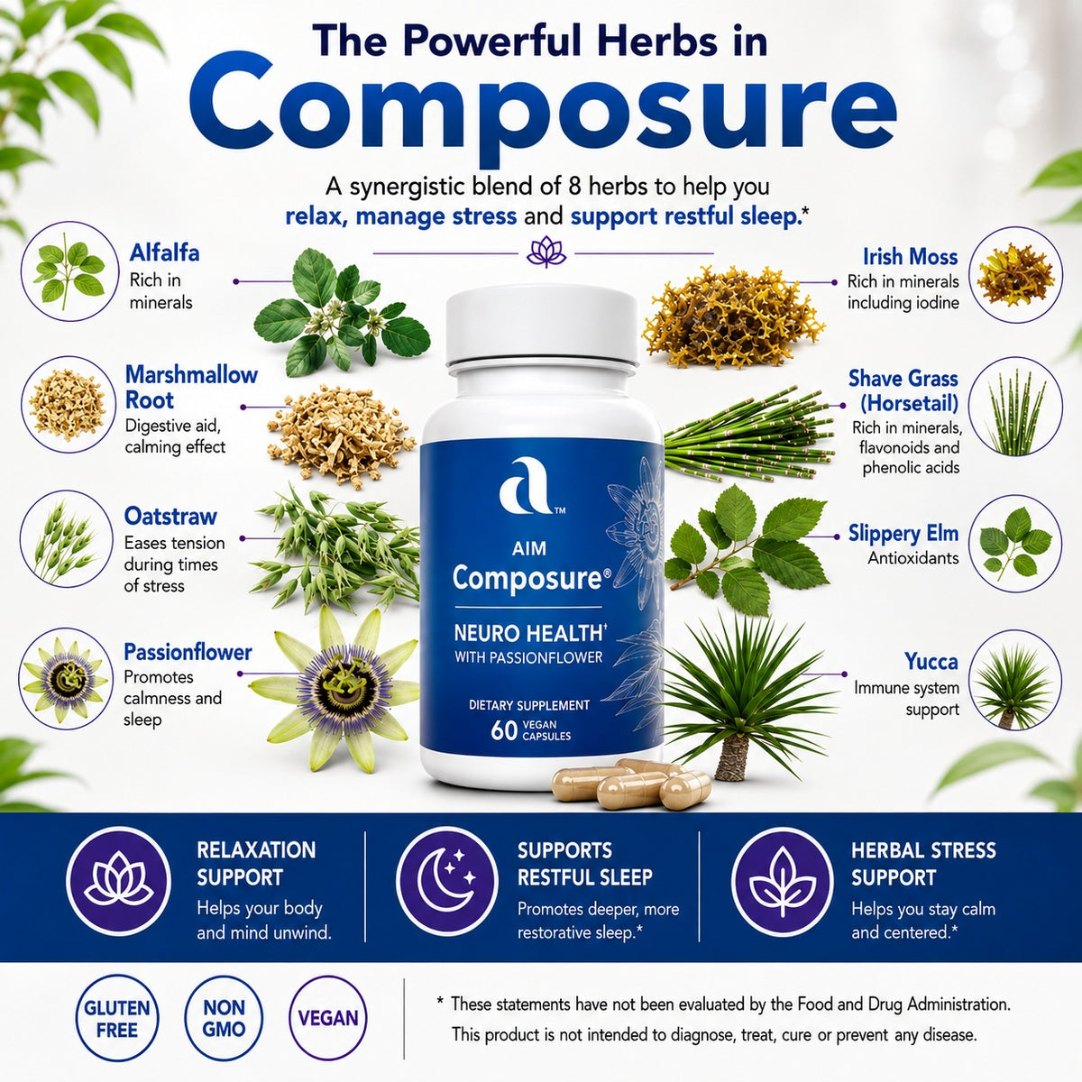 An infographic for AIM Composure dietary supplement, featuring a white bottle of herbs surrounded by illustrations and photos of various natural ingredients like alfalfa, marshmallow root, passionflower, Irish moss, shave grass, slippery elm, yucca, and neem. The infographic includes text detailing the benefits of each herb and three feature badges at the bottom indicating gluten free, non GMO, and vegan status.