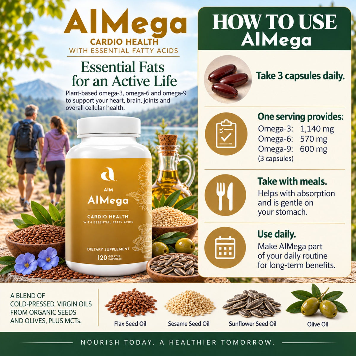 AlMega Cardio Health dietary supplement bottle shown on a promotional infographic with a background of people hiking, usage instructions, and ingredient highlights including organic flax seed oil, sesame seed oil, sunflower seed oil, and olive oil.
