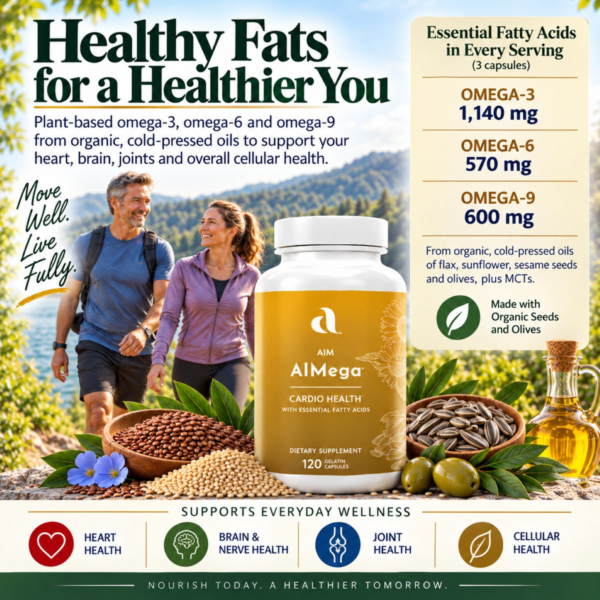 Aim Almega Cardio Health dietary supplement bottle shown with a large product information panel, health icons, and a lifestyle photo of a couple outdoors. The bottle is white with a gold label, and the image includes text listing omega-3, omega-6, and omega-9 amounts and benefits.