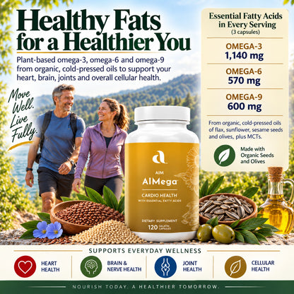 Aim Almega Cardio Health dietary supplement bottle shown with a large product information panel, health icons, and a lifestyle photo of a couple outdoors. The bottle is white with a gold label, and the image includes text listing omega-3, omega-6, and omega-9 amounts and benefits.