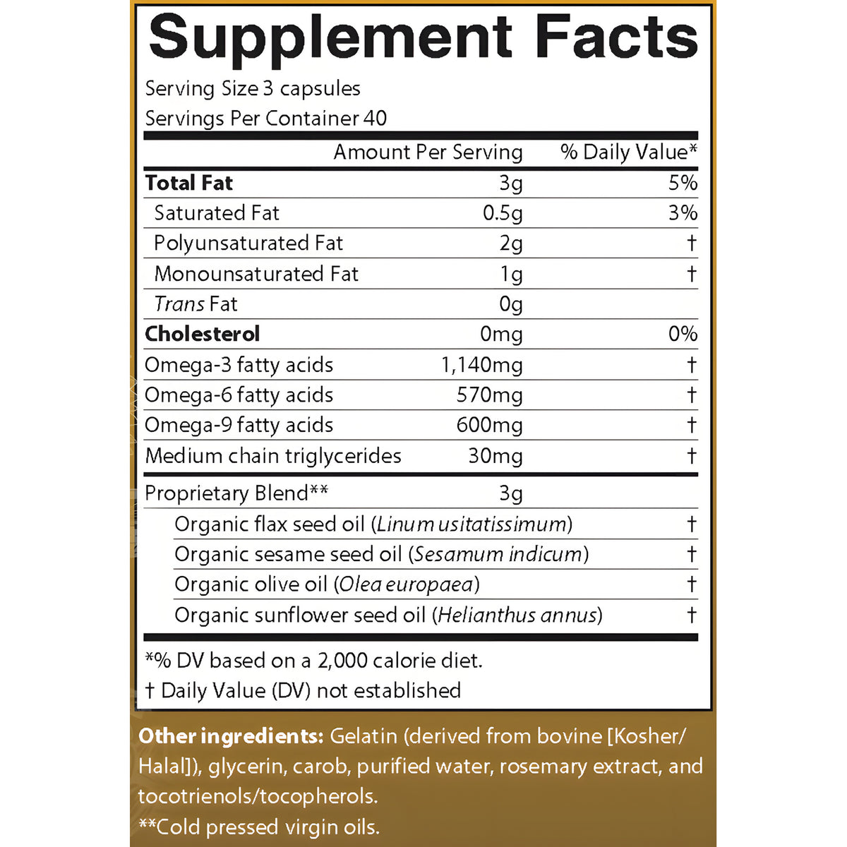 A supplement facts label for AIMega showing the ingredients of organic flax seed oil, sesame seed oil, olive oil, and sunflower seed oil.  It also shows the nutrition information including ogega-3, omega-6, and omega-9. 