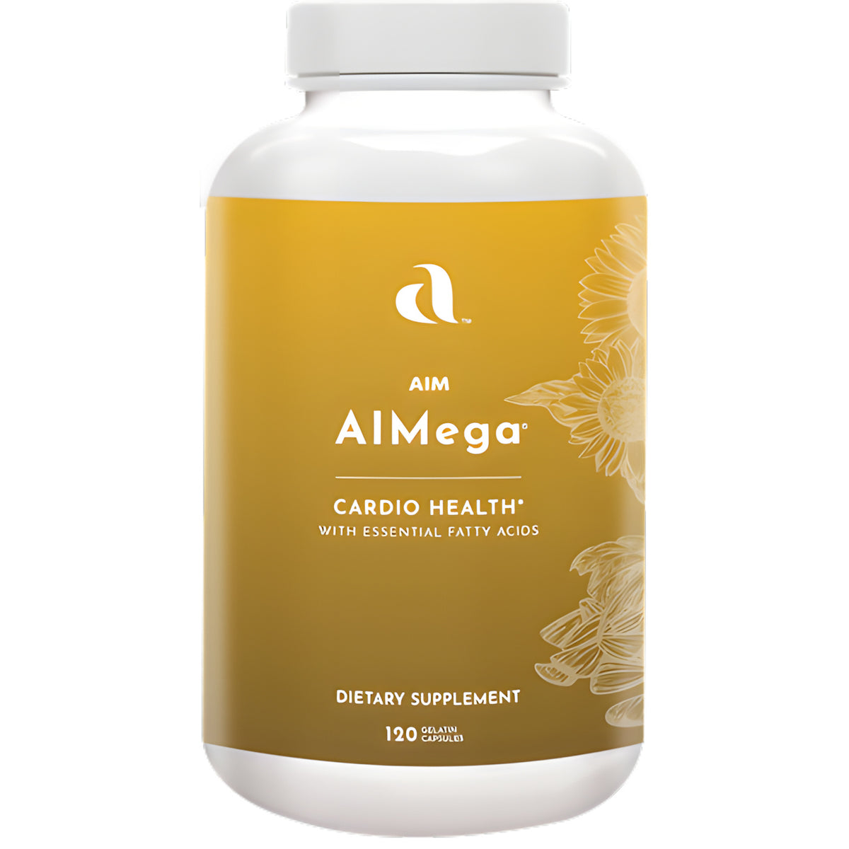 AIM AlMega dietary supplement with a mustard yellow label, shown against a plain white background.