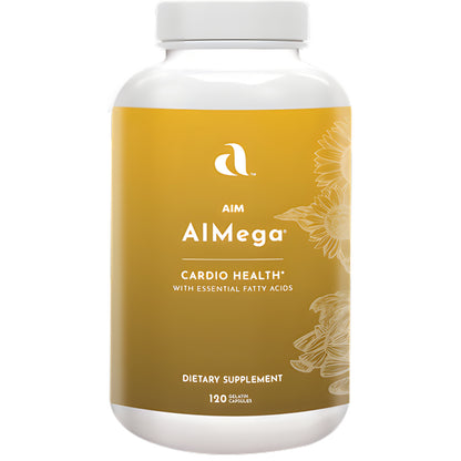 AIM AlMega dietary supplement with a mustard yellow label, shown against a plain white background.