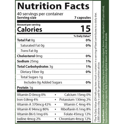 AIM barleylife capsules Nutrition Facts label for a dietary supplement, showing a black and white table with a green sidebar on the right side. The label details the nutrients per serving, including calories, fat, carbohydrates, and protein, with ingredient text listed vertically on the side.