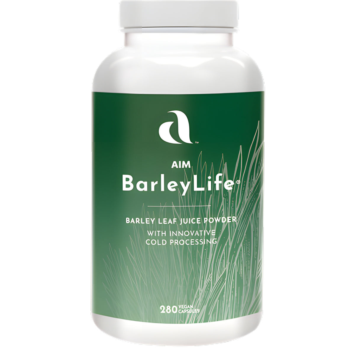 A white bottle of Aim BarleyLife Barley Leaf Juice Powder with a green label, shown on a plain white background.