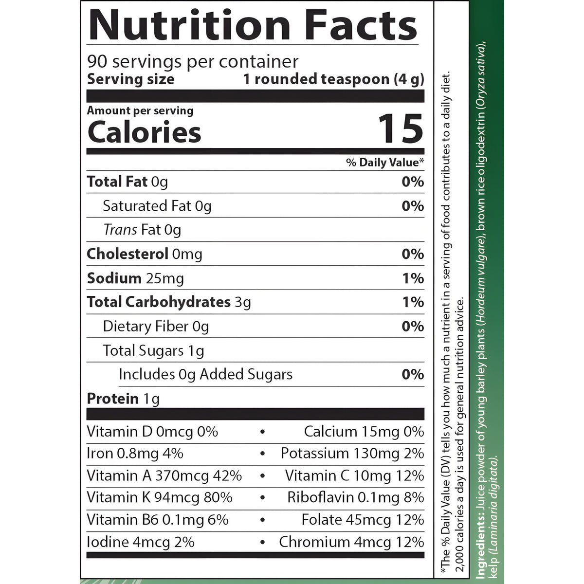 AIM BarleyLife Nutrition Facts label showing serving size, calories, nutrients, vitamins, minerals, and ingredients.
