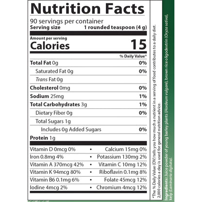 AIM BarleyLife Nutrition Facts label showing serving size, calories, nutrients, vitamins, minerals, and ingredients.