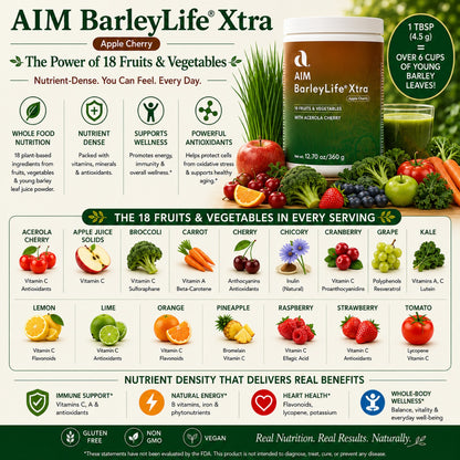Aim BarleyLife Xtra supplement packaging and label shown with a bottle, a jar, and a bowl of mixed berries and vegetables on a white background. The image includes text callouts about 18 fruits and vegetables, benefits, ingredients, and serving information.