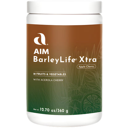 A white plastic tub of AIM BarleyLife Xtra supplement in Apple Cherry flavor, featuring a brown-to-green gradient label with white text and illustrations of fruits and vegetables.