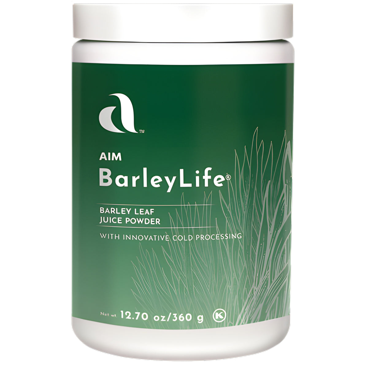 A white plastic tub of Aim BarleyLife Barley Leaf Juice Powder with a dark green label, shown against a plain white background.