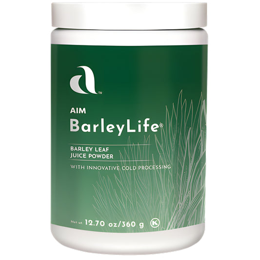 A white plastic tub of Aim BarleyLife Barley Leaf Juice Powder with a dark green label, shown against a plain white background.