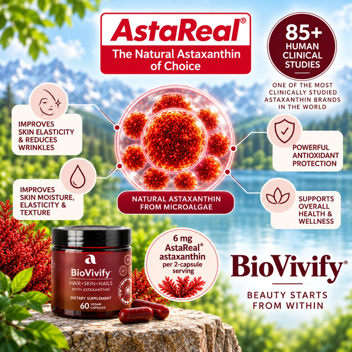 AstaReal is an ingredient of AIM BioVivify.  The image features a jar of BioVivify astaxanthin capsules on a stone pedestal, surrounded by floating red astaxanthin crystals and capsules, with a blurred natural background of green leaves and blue water.