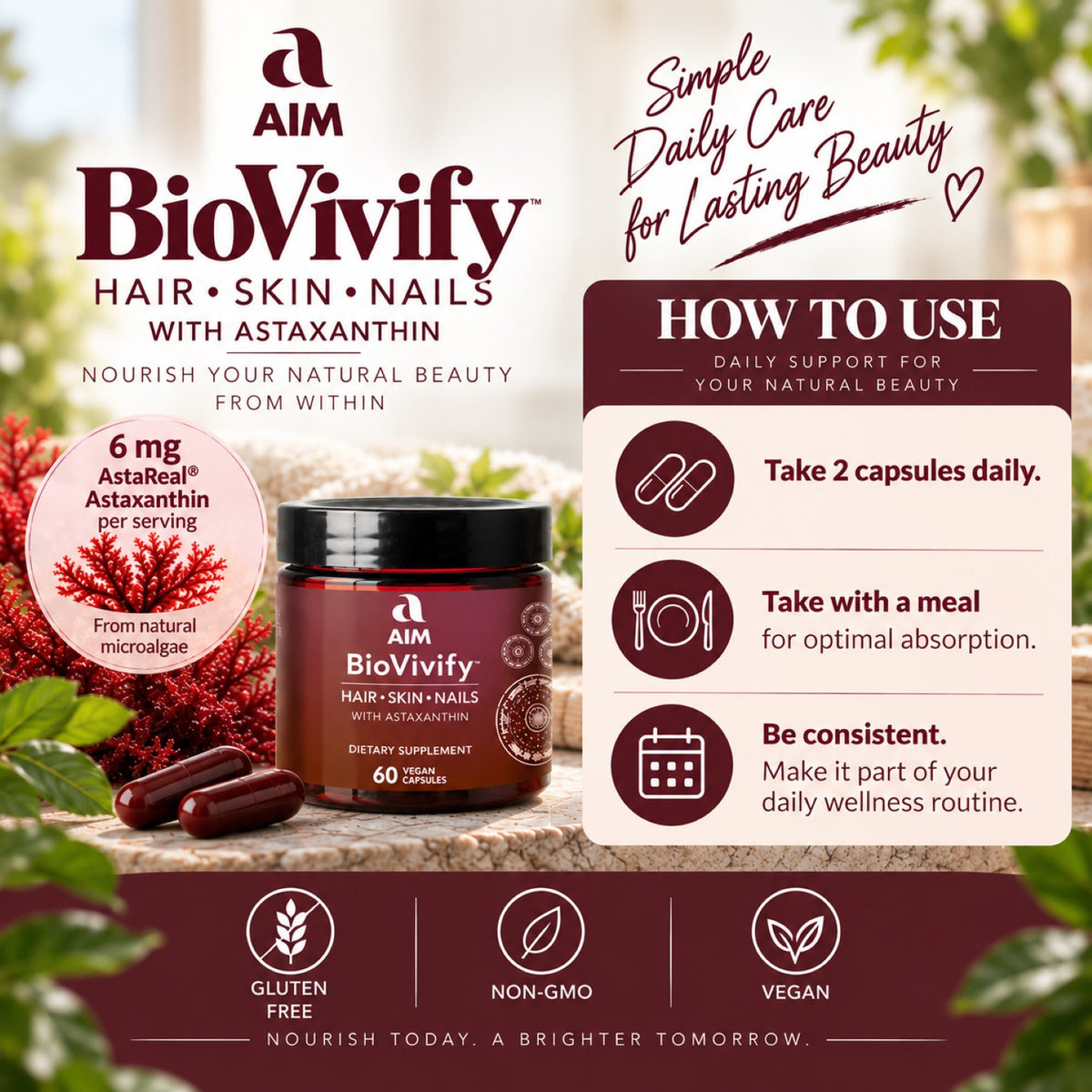 AIM BioVivify hair, skin, and nails dietary supplement bottle with instructions on how to use.  Includes bullets for gluten free, non-gmo, and vegan.