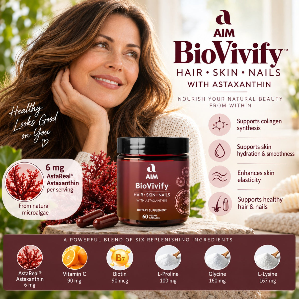 AIM BioVivify dietary supplement bottle with a woman in a cozy indoor setting, surrounded by product benefits and ingredient callouts. The bottle is dark brown with a black cap, and the graphic includes text highlighting hair, skin, and nail support along with a multicolor ingredient chart at the bottom.