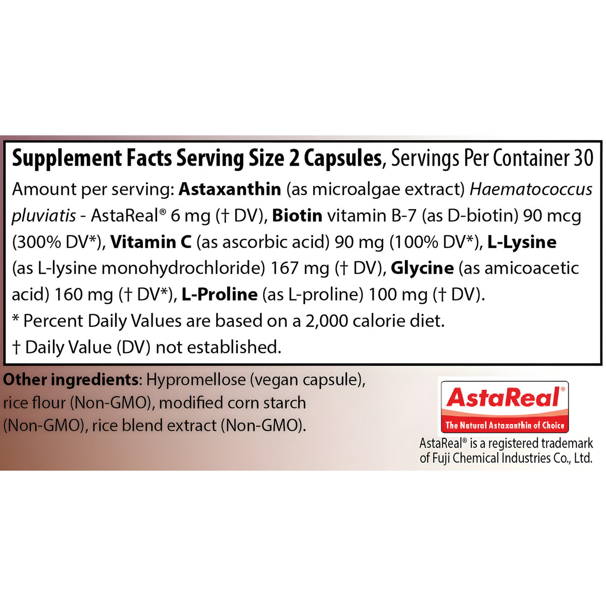 Supplement Facts label for AIM BioVivify™ showing a serving size of 2 capsules with 30 servings per container. Key ingredients include Astaxanthin (AstaReal® 6 mg), Biotin 90 mcg, Vitamin C 90 mg, L-Lysine 167 mg, Glycine 160 mg, and L-Proline 100 mg. Other ingredients: hypromellose vegan capsule, rice flour, modified corn starch, and rice blend extract, all Non-GMO.