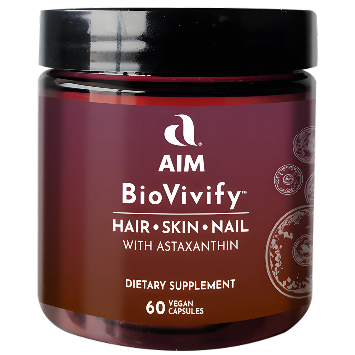 AIM BioVivify™ Hair, Skin & Nail dietary supplement with astaxanthin, 60 vegan capsules, in a dark amber bottle with a black lid against a white background.