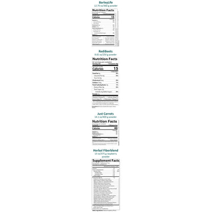 Four vertical supplement nutrition label panels on a white background, labeled BarleyLife, RedBeets, Just Carrots, and Herbal Fibers Blend, with supplement facts and serving information printed in black text.