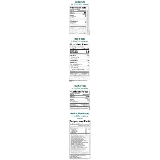 Four vertical supplement nutrition label panels on a white background, labeled BarleyLife, RedBeets, Just Carrots, and Herbal Fibers Blend, with supplement facts and serving information printed in black text.