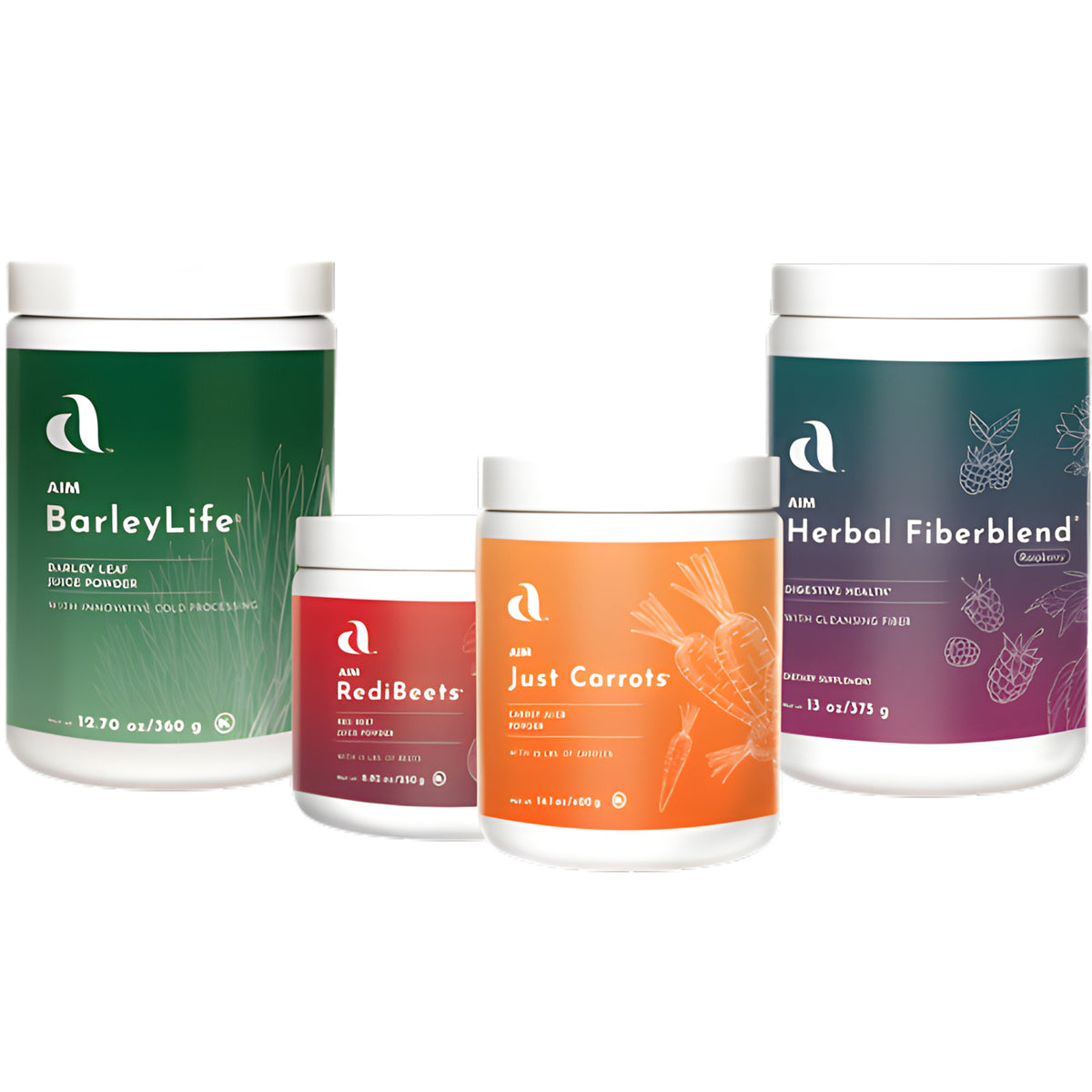 Four white supplement containers from AIM Nutrition arranged together on a black background: a large green BarleyLife jar, a smaller red RedBeets jar, an orange Just Carrots jar, and a large purple Herbal Fiberblend jar.