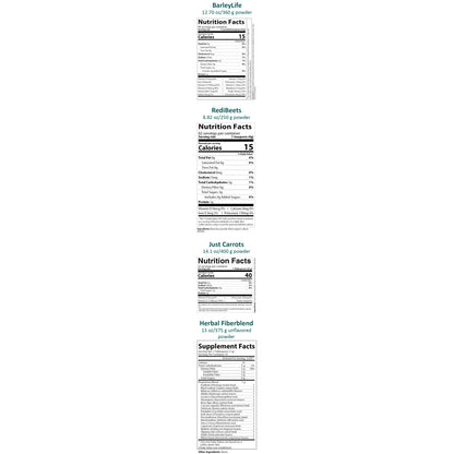 Four vertical supplement nutrition label panels on a white background, labeled BarleyLife, RediRoots, Just Carrots, and Herbal Fiberblend, with black text and small teal headings.